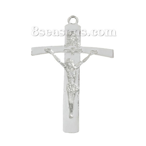 Picture of Zinc Based Alloy Easter Pendants Cross Silver Plated Jesus 63mm(2 4/8") x 44mm(1 6/8"), 2 PCs