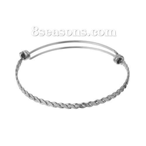 Picture of 304 Stainless Steel Charm Expandable Bangles Bracelets Double Bar Round Silver Tone 20cm(7 7/8") long, 1 Piece