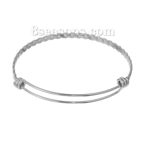 Picture of 304 Stainless Steel Charm Expandable Bangles Bracelets Double Bar Round Silver Tone 20cm(7 7/8") long, 1 Piece