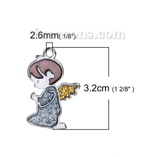 Imagen de Aleación del Cinc Colgantes Ángel Tono de Plata Ala Esmalte lentejuelas 32mm x 21mm, 3 Unidades