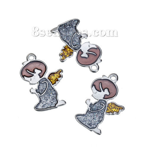Imagen de Aleación del Cinc Colgantes Ángel Tono de Plata Ala Esmalte lentejuelas 32mm x 21mm, 3 Unidades