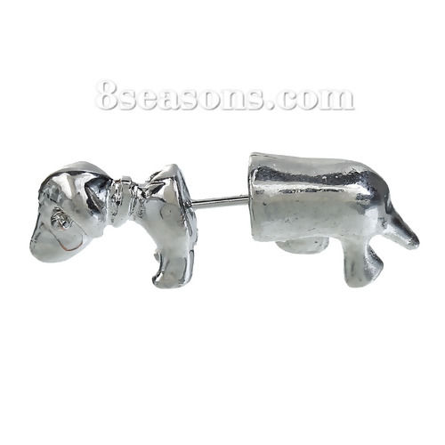 Picture of 3D Double Sided Ear Post Stud Earrings Silver Tone Dog Animal 25mm(1") x 9mm( 3/8"), Post/ Wire Size: (21 gauge), 2 PCs