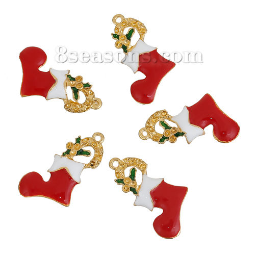 Imagen de Zamak Colgantes Charms Calceta De la Navidad Chapado en Oro Blanco & Rojo (Apta ss7 Pointed Back Rhinestone） Esmalte 28mm x 25mm, 3 Unidades