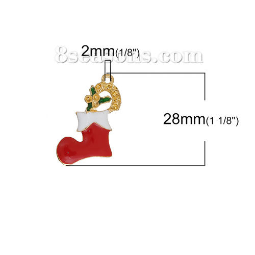 Imagen de Zamak Colgantes Charms Calceta De la Navidad Chapado en Oro Blanco & Rojo (Apta ss7 Pointed Back Rhinestone） Esmalte 28mm x 25mm, 3 Unidades