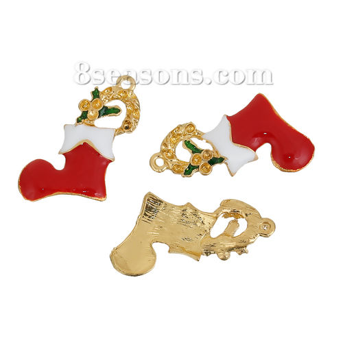 Imagen de Zamak Colgantes Charms Calceta De la Navidad Chapado en Oro Blanco & Rojo (Apta ss7 Pointed Back Rhinestone） Esmalte 28mm x 25mm, 3 Unidades