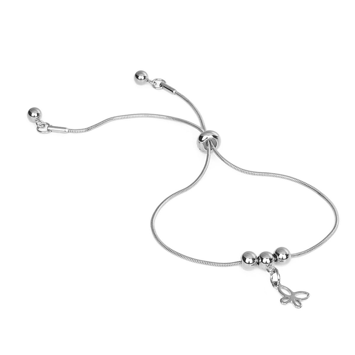 Picture of 304 Stainless Steel Adjustable Slider/ Slide Bolo Bracelets Silver Tone Round Butterfly 24cm(9 4/8") long, 1 Piece