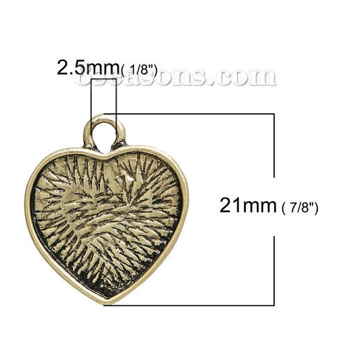 亜鉛合金 チャーム ハート 金古美 カボション台座付き ( 16mm x 16mmに合う) 21mm x 18mm、 10 個 の画像
