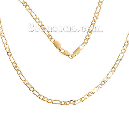 Picture of Brass Jewelry 3:1 Figaro Link Curb Chain Necklace Oval Gold Plated 55.5cm(21 7/8") long, Chain Size: 11x4mm(3/8"x1/8") 7x4.5mm(2/8"x1/8"), 1 Piece