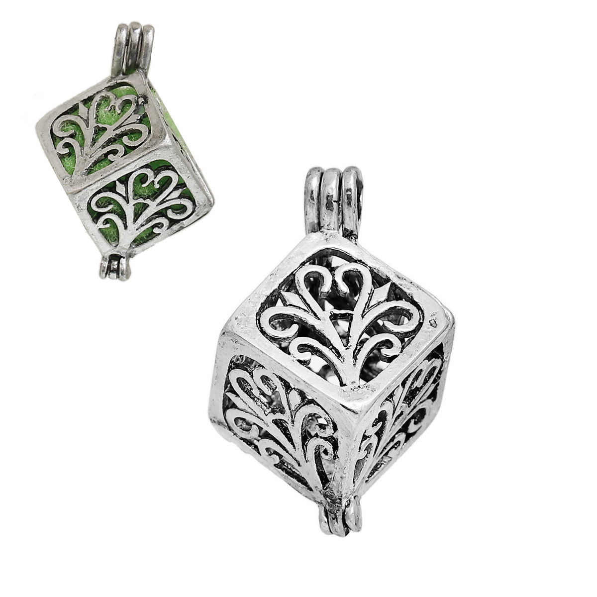 Picture of Brass Aromatherapy Essential Oil Diffuser Locket Pendants Cube Antique Silver Color Filigree Can Open (Fit 14mm Dia) 28mm x19mm(1 1/8" x 6/8") - 26mm x18mm(1" x 6/8"), 2 PCs