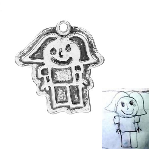 Picture of Brass Kids Art Doodles Children Drawing Jewelry Charms Antique Silver Color Girl Message " Big Sister To Noah 2.12 2016 " 26mm(1") x 24mm(1"), 1 Piece