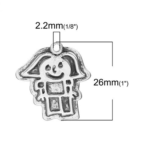 Picture of Brass Kids Art Doodles Children Drawing Jewelry Charms Antique Silver Color Girl Message " Big Sister To Noah 2.12 2016 " 26mm(1") x 24mm(1"), 1 Piece