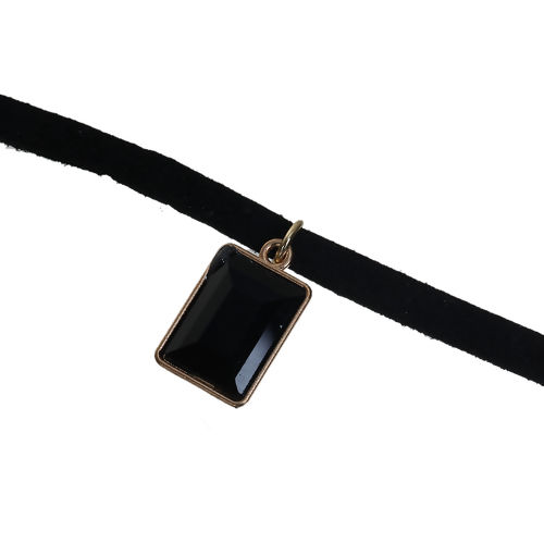 Picture of Faux Suede Velvet Double Layer Choker Necklace Light Golden Bowknot Square Black Rhinestone 32cm(12 5/8") long, 1 Piece