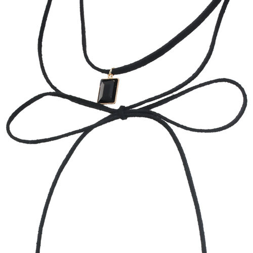 Picture of Faux Suede Velvet Double Layer Choker Necklace Light Golden Bowknot Square Black Rhinestone 32cm(12 5/8") long, 1 Piece