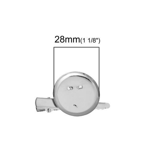 Picture of Iron Based Alloy Pin Brooches Findings Round Silver Tone Cabochon Settings (Fit 28mm Dia.(1 1/8")) 46mm(1 6/8") x 29mm(1 1/8"), 20 PCs