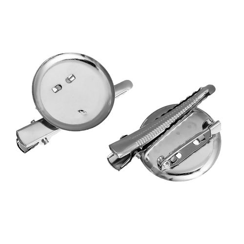 Picture of Iron Based Alloy Pin Brooches Findings Round Silver Tone Cabochon Settings (Fit 28mm Dia.(1 1/8")) 46mm(1 6/8") x 29mm(1 1/8"), 20 PCs