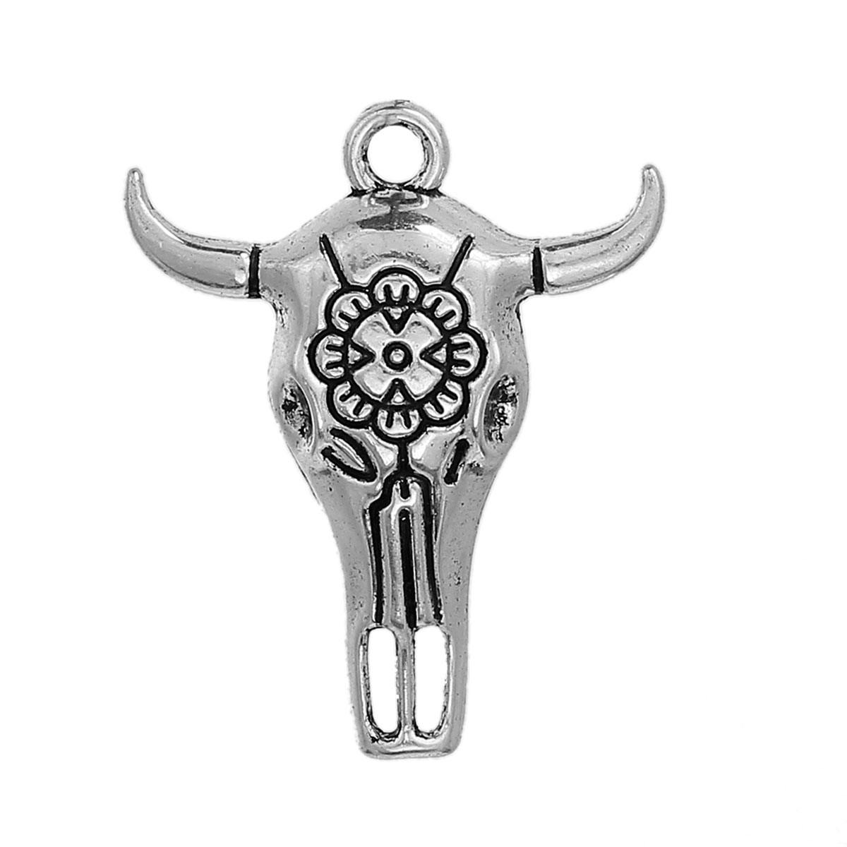 Picture of Zinc Based Alloy Boho Chic Pendants Cow Antique Silver Color Flower 32mm(1 2/8") x 26mm(1"), 10 PCs