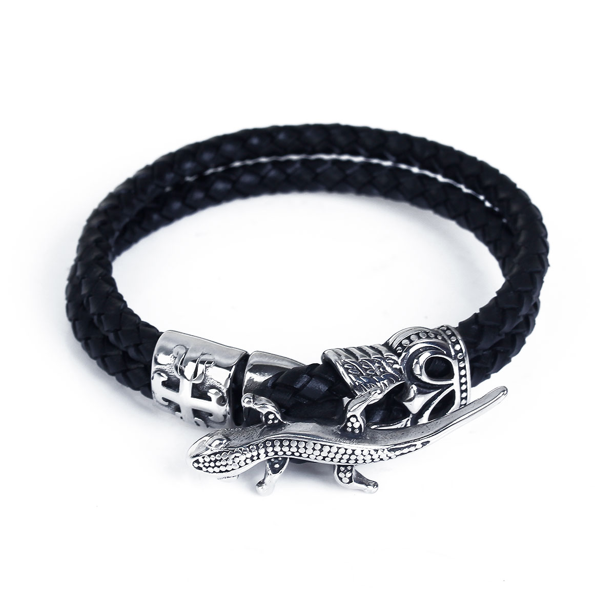 Picture of 304 Stainless Steel & Real Leather Double Layer Braided Bangles Bracelets Antique Silver Color Black Lizard Cross 24cm(9 4/8") long, 1 Piece