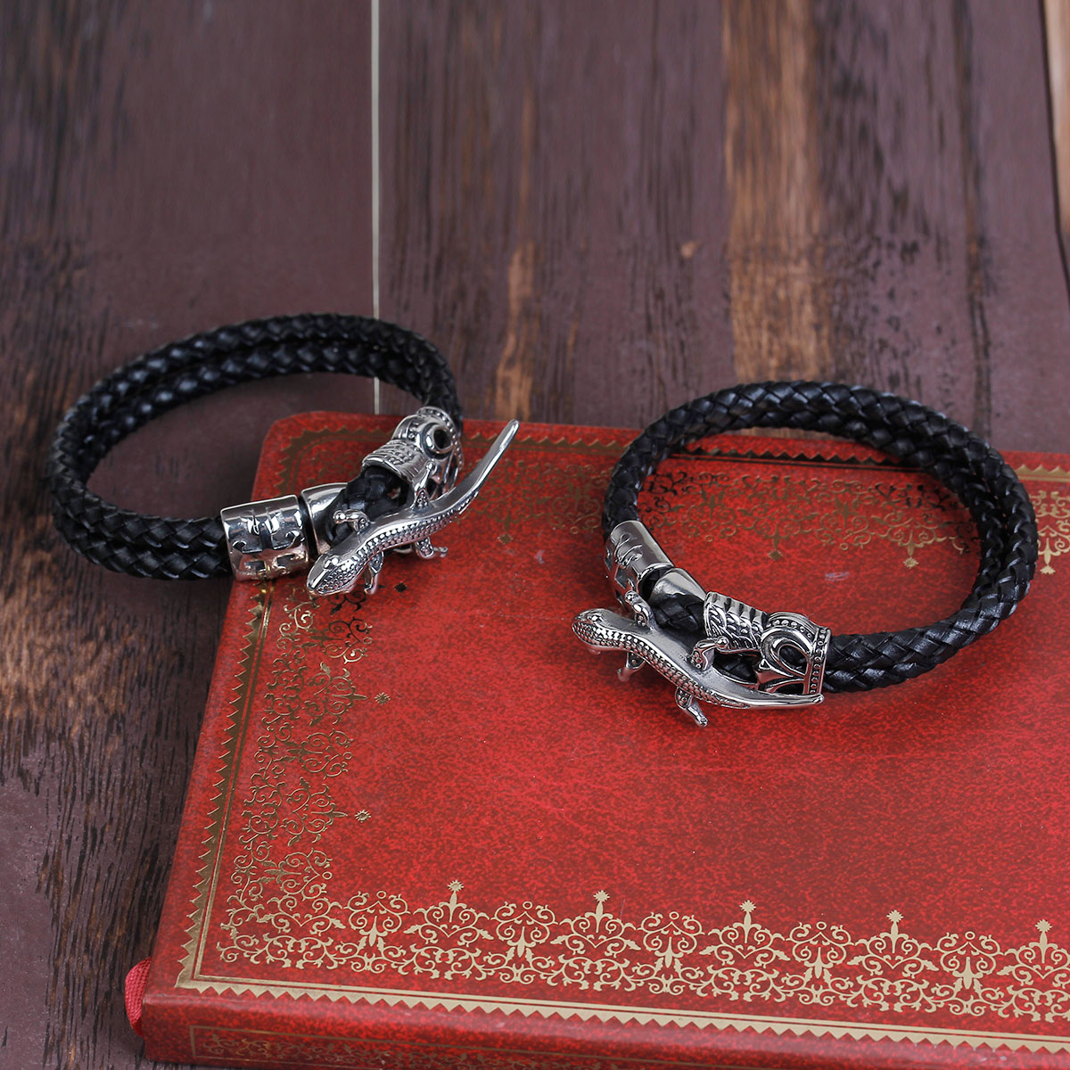 Picture of 304 Stainless Steel & Real Leather Double Layer Braided Bangles Bracelets Antique Silver Color Black Lizard Cross 24cm(9 4/8") long, 1 Piece