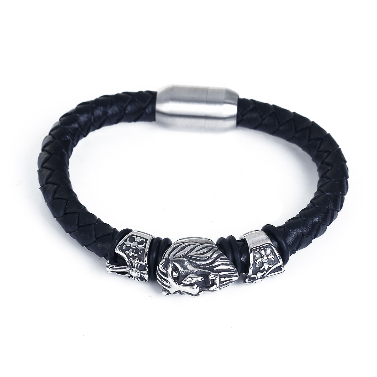Picture of 304 Stainless Steel & Real Leather Bangles Bracelets Silver Tone Black Lion Animal Cross 21.5cm(8 4/8") long, 1 Piece