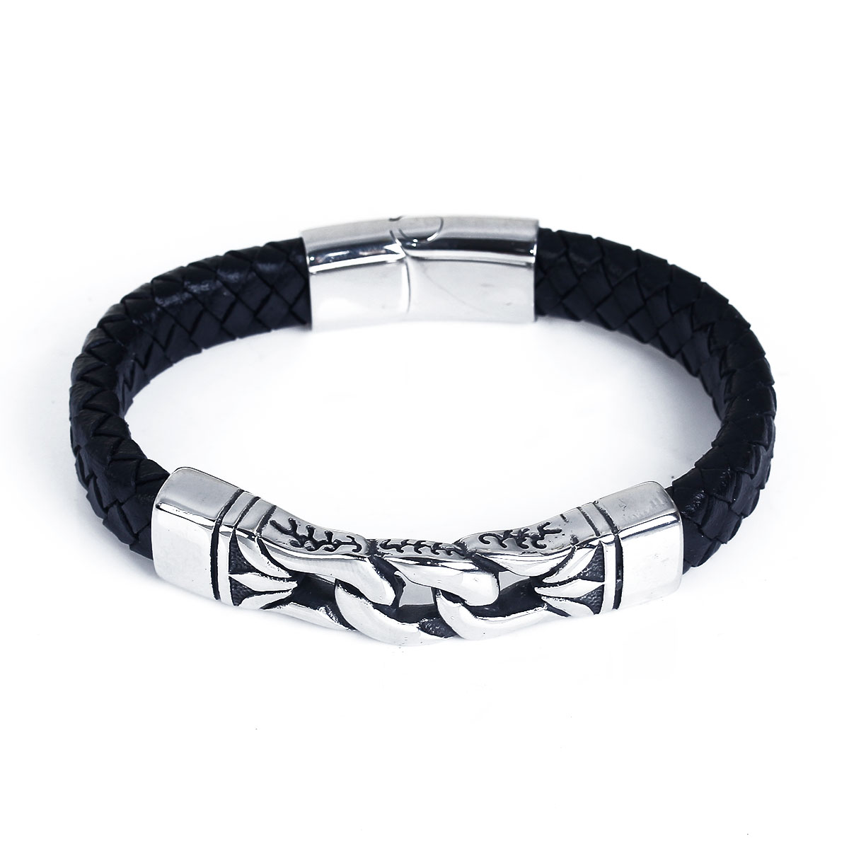 Picture of 304 Stainless Steel & Real Leather Bangles Bracelets Antique Silver Color Black Rectangle Carved 21.5cm(8 4/8") long, 1 Piece