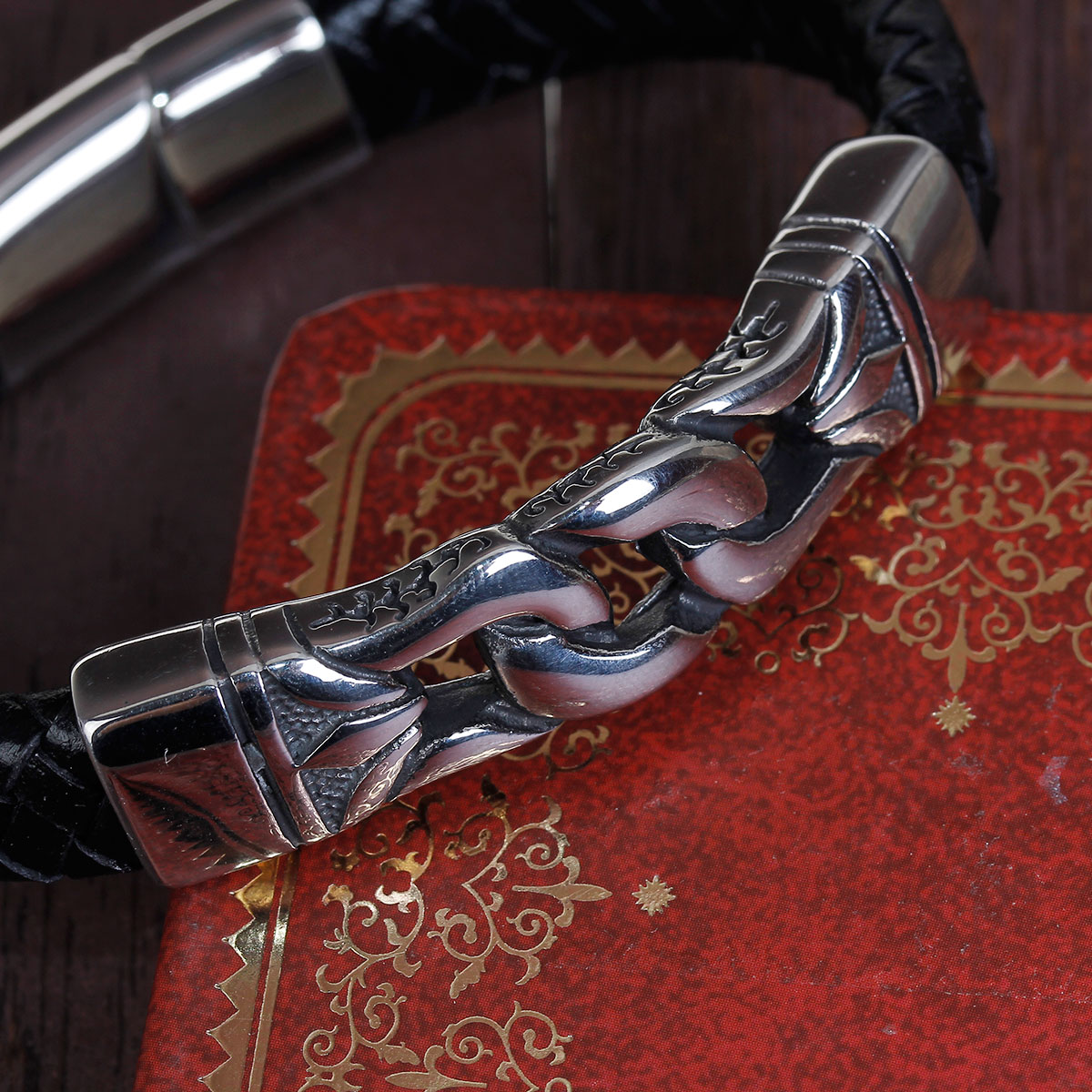 Picture of 304 Stainless Steel & Real Leather Bangles Bracelets Antique Silver Color Black Rectangle Carved 21.5cm(8 4/8") long, 1 Piece