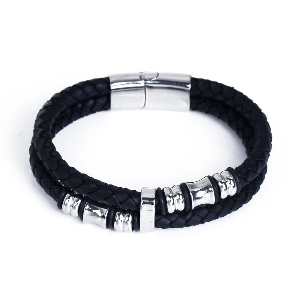 Picture of 304 Stainless Steel & Real Leather Double Layer Braided Bangles Bracelets Silver Tone Black Cylinder 21.5cm(8 4/8") long, 1 Piece
