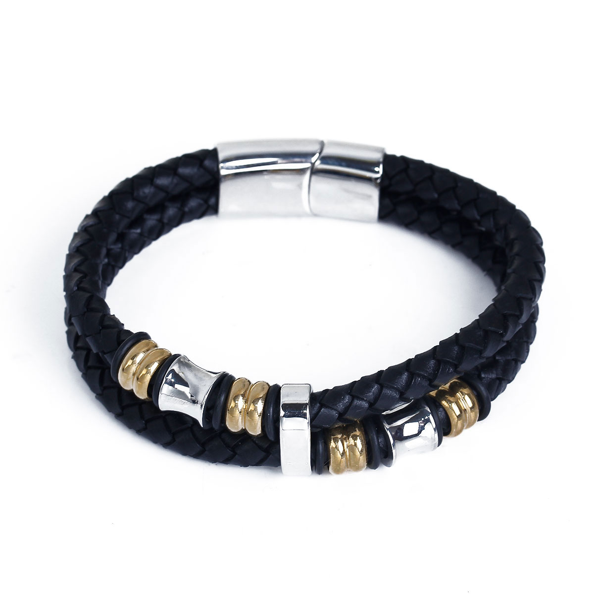 Picture of 304 Stainless Steel & Real Leather Double Layer Braided Bangles Bracelets Silver Tone & Gold Plated Black Cylinder 21.5cm(8 4/8") long, 1 Piece