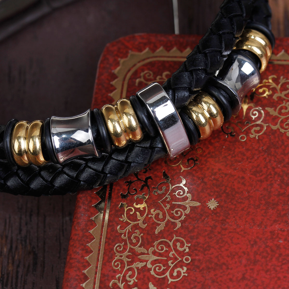 Picture of 304 Stainless Steel & Real Leather Double Layer Braided Bangles Bracelets Silver Tone & Gold Plated Black Cylinder 21.5cm(8 4/8") long, 1 Piece