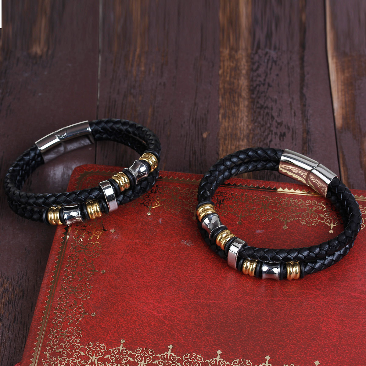 Picture of 304 Stainless Steel & Real Leather Double Layer Braided Bangles Bracelets Silver Tone & Gold Plated Black Cylinder 21.5cm(8 4/8") long, 1 Piece