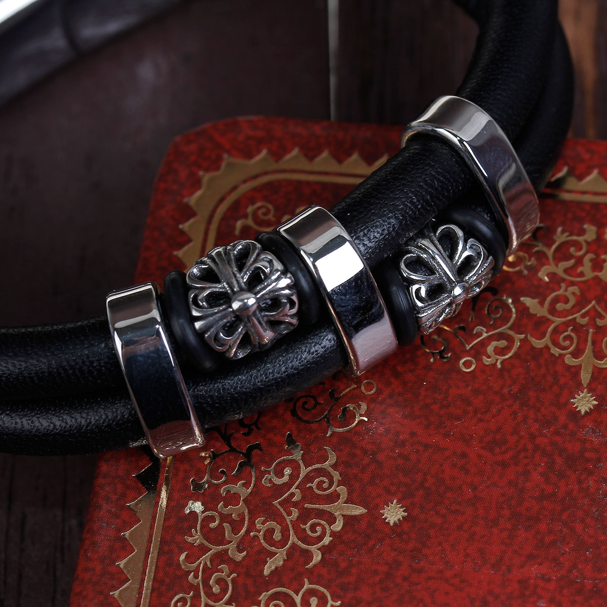 Picture of 304 Stainless Steel & Real Leather Double Layer Bangles Bracelets Silver Tone Black Cylinder Cross 22cm(8 5/8") long, 1 Piece