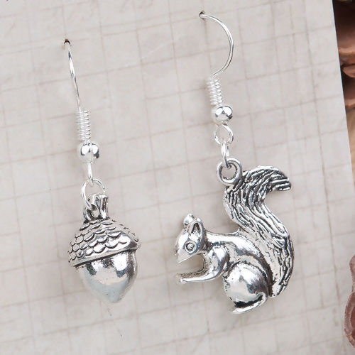 Picture of Earrings Antique Silver Color Silver Plated Acorn Squirrel 40mm(1 5/8") x 20mm( 6/8"), Post/ Wire Size: (21 gauge), 1 Pair