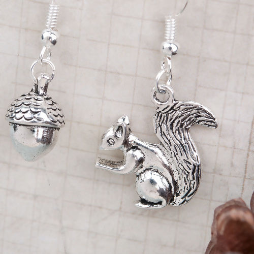 Picture of Earrings Antique Silver Color Silver Plated Acorn Squirrel 40mm(1 5/8") x 20mm( 6/8"), Post/ Wire Size: (21 gauge), 1 Pair