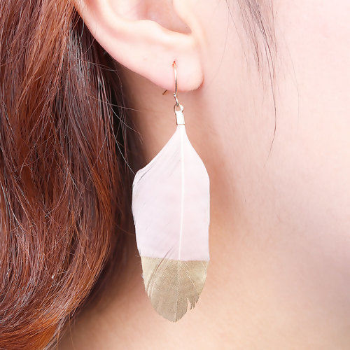 Picture of Natural Feather Earrings Gold Plated Light Pink & Golden Painting 70mm(2 6/8") x 20mm( 6/8"), Post/ Wire Size: (21 gauge), 1 Pair