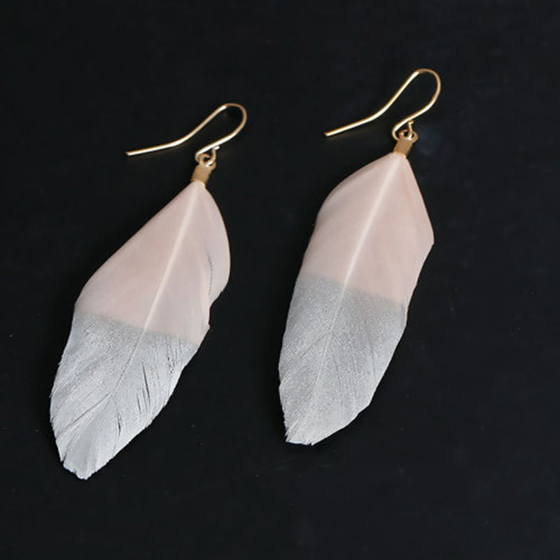 Picture of Natural Feather Earrings Gold Plated Light Pink & Silver Painting 72mm(2 7/8") x 18mm( 6/8"), Post/ Wire Size: (21 gauge), 1 Pair