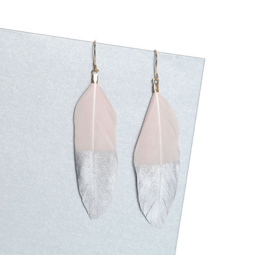 Picture of Natural Feather Earrings Gold Plated Light Pink & Silver Painting 72mm(2 7/8") x 18mm( 6/8"), Post/ Wire Size: (21 gauge), 1 Pair