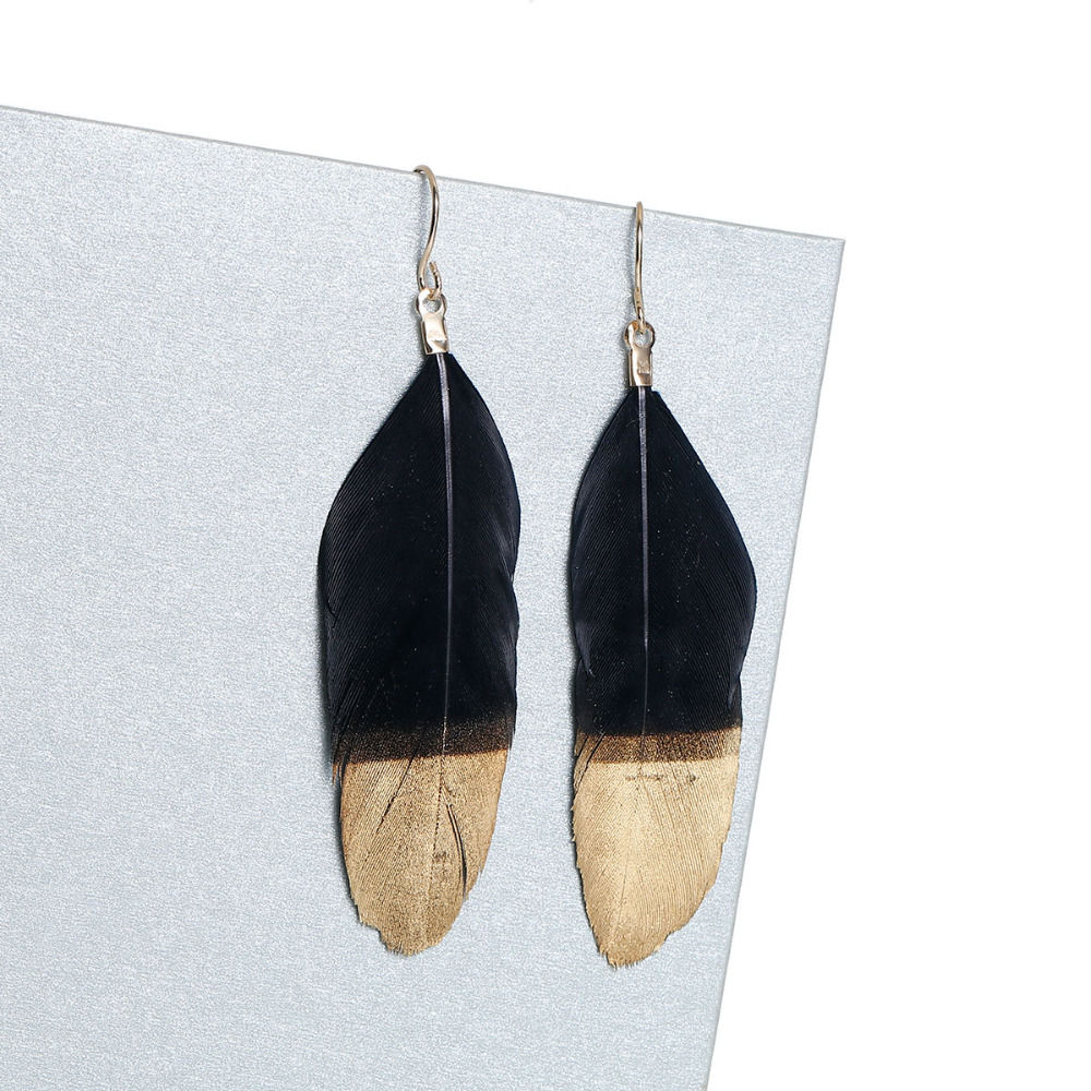Picture of Natural Feather Earrings Gold Plated Light Pink & Silver Painting 72mm(2 7/8") x 18mm( 6/8"), Post/ Wire Size: (21 gauge), 1 Pair