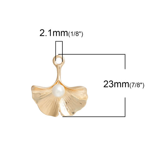 Bild von Messing Charms Ginkgo Blatt Vergoldet Weiß Acryl Imitat Perle 23mm x 21mm, 10 Stück
