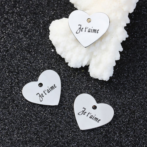 Picture of 304 Stainless Steel Charms Heart Silver Tone Message " Je t'aime " 18mm( 6/8") x 16mm( 5/8"), 5 PCs
