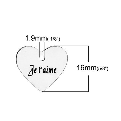 Picture of 304 Stainless Steel Charms Heart Silver Tone Message " Je t'aime " 18mm( 6/8") x 16mm( 5/8"), 5 PCs