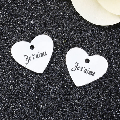 Picture of 304 Stainless Steel Charms Heart Silver Tone Message " Je t'aime " 18mm( 6/8") x 16mm( 5/8"), 5 PCs
