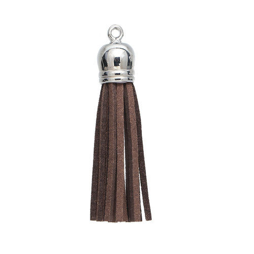 Picture of Polyester Faux Suede Pendants Tassel Silver Tone Coffee About 59mm(2 3/8") x 12mm( 4/8"), 10 PCs