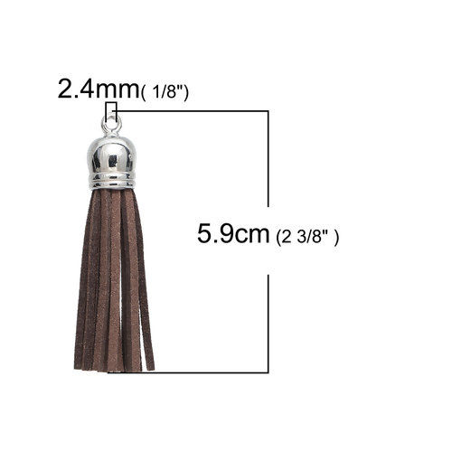 Picture of Polyester Faux Suede Pendants Tassel Silver Tone Coffee About 59mm(2 3/8") x 12mm( 4/8"), 10 PCs