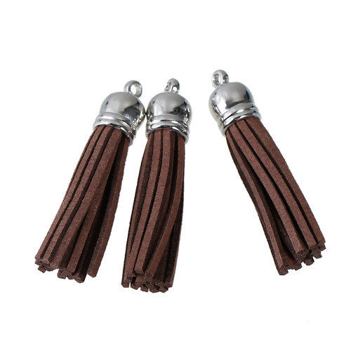 Picture of Polyester Faux Suede Pendants Tassel Silver Tone Coffee About 59mm(2 3/8") x 12mm( 4/8"), 10 PCs