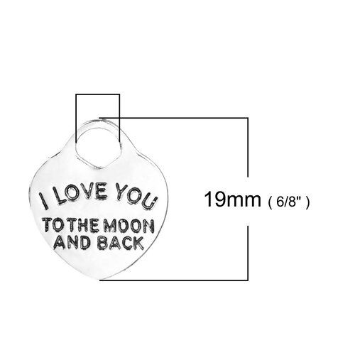 Picture of Zinc Based Alloy Charms Heart Antique Silver Color Message " I Love You To The Moon And Back " 19mm( 6/8") x 16mm( 5/8"), 5 PCs