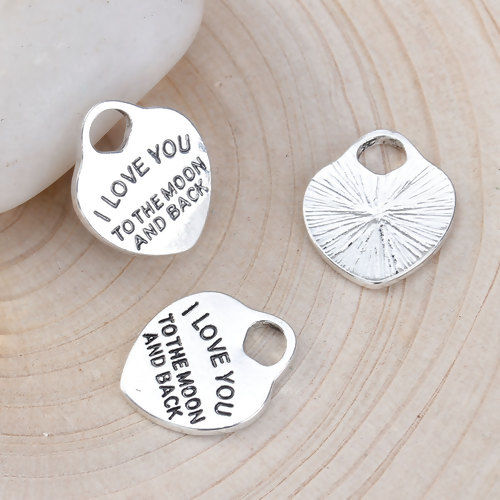 Picture of Zinc Based Alloy Charms Heart Antique Silver Color Message " I Love You To The Moon And Back " 19mm( 6/8") x 16mm( 5/8"), 5 PCs
