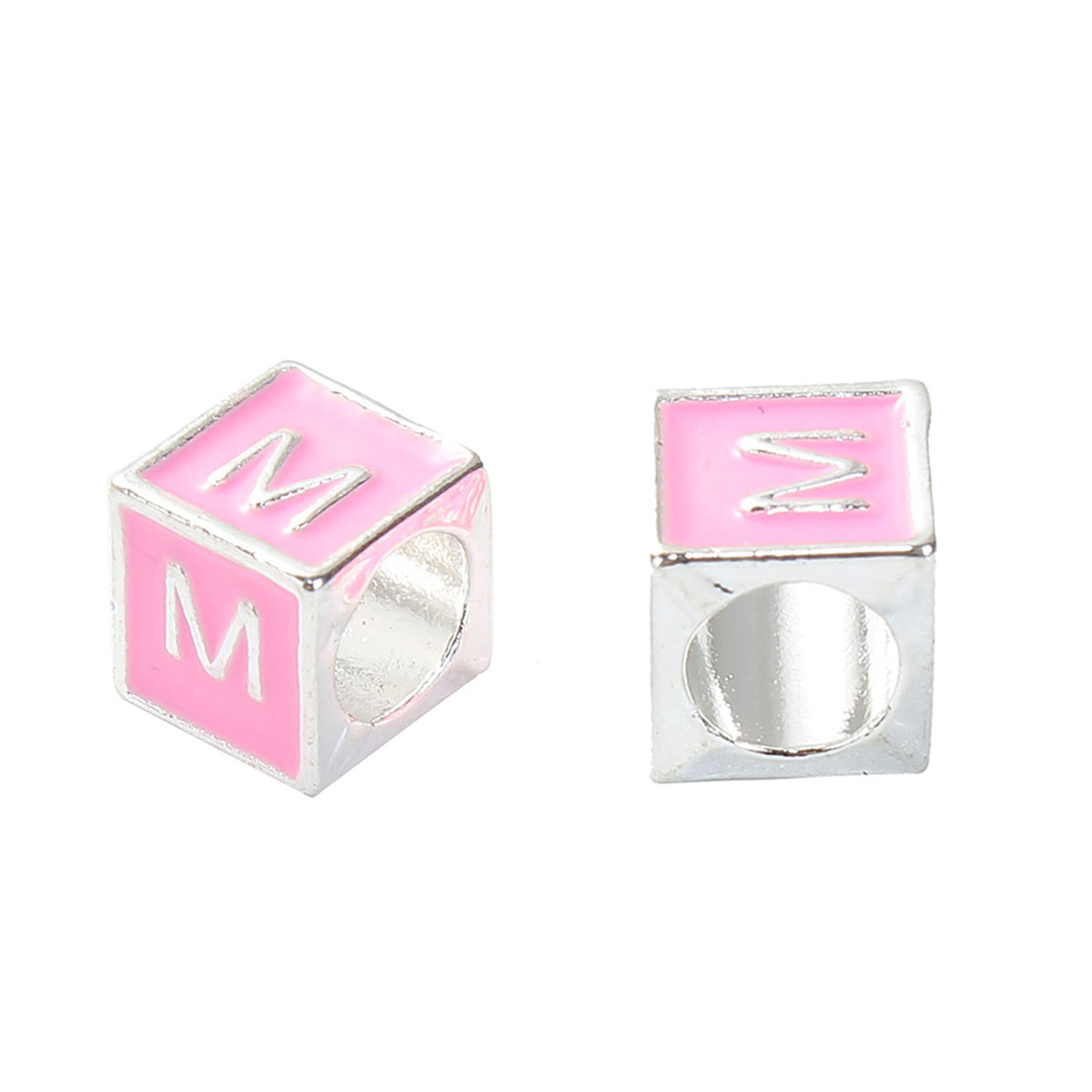 Picture of Zinc Based Alloy European Style Large Hole Charm Beads Cube Silver Plated Initial Alphabet/ Letter " M " Pink Enamel About 7mm x 7mm, Hole: Approx 5mm, 5 PCs