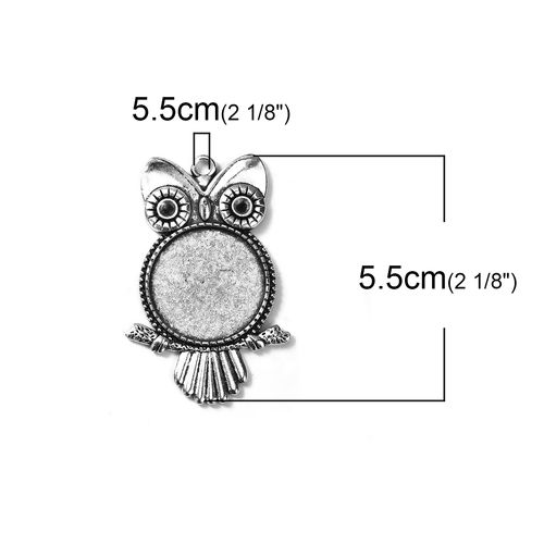 Bild von Zinklegierung Halloween Anhänger Eule Antiksilber Cabochon Fassung (für 25mm D) (haltbar ss12 Spitzboden Strasssteinen) 55mm x 36mm 5 Stück