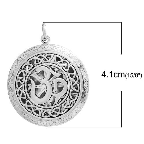 Picture of Brass Aromatherapy Essential Oil Diffuser Locket Pendants Round Disc Silver Tone Yoga Healing OM/ Aum Symbol Cabochon Settings (Fits 24mm Dia.) Can Open 41mm(1 5/8") x 32mm(1 2/8"), 1 Piece