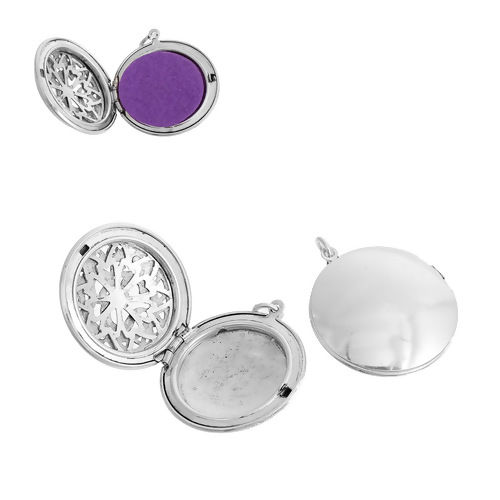 Picture of Brass Aromatherapy Essential Oil Diffuser Locket Pendants Round Disc Silver Tone Yoga Healing OM/ Aum Symbol Cabochon Settings (Fits 24mm Dia.) Can Open 41mm(1 5/8") x 32mm(1 2/8"), 1 Piece