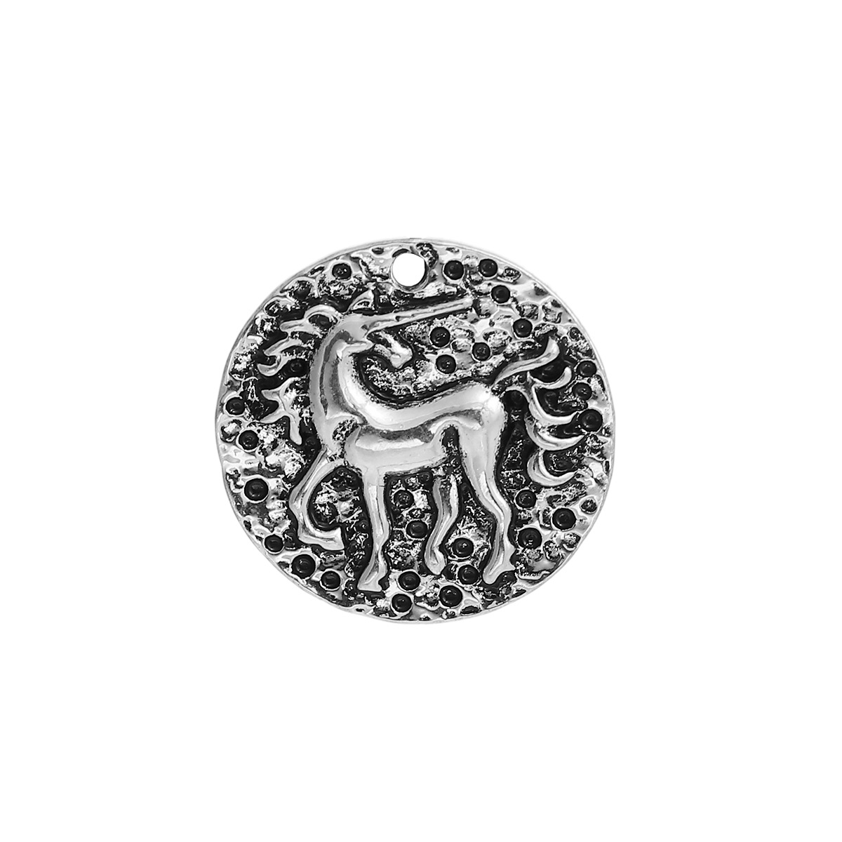 Picture of Zinc Based Alloy Charms Horse Antique Silver Color Round Disc 20mm( 6/8") Dia, 5 PCs